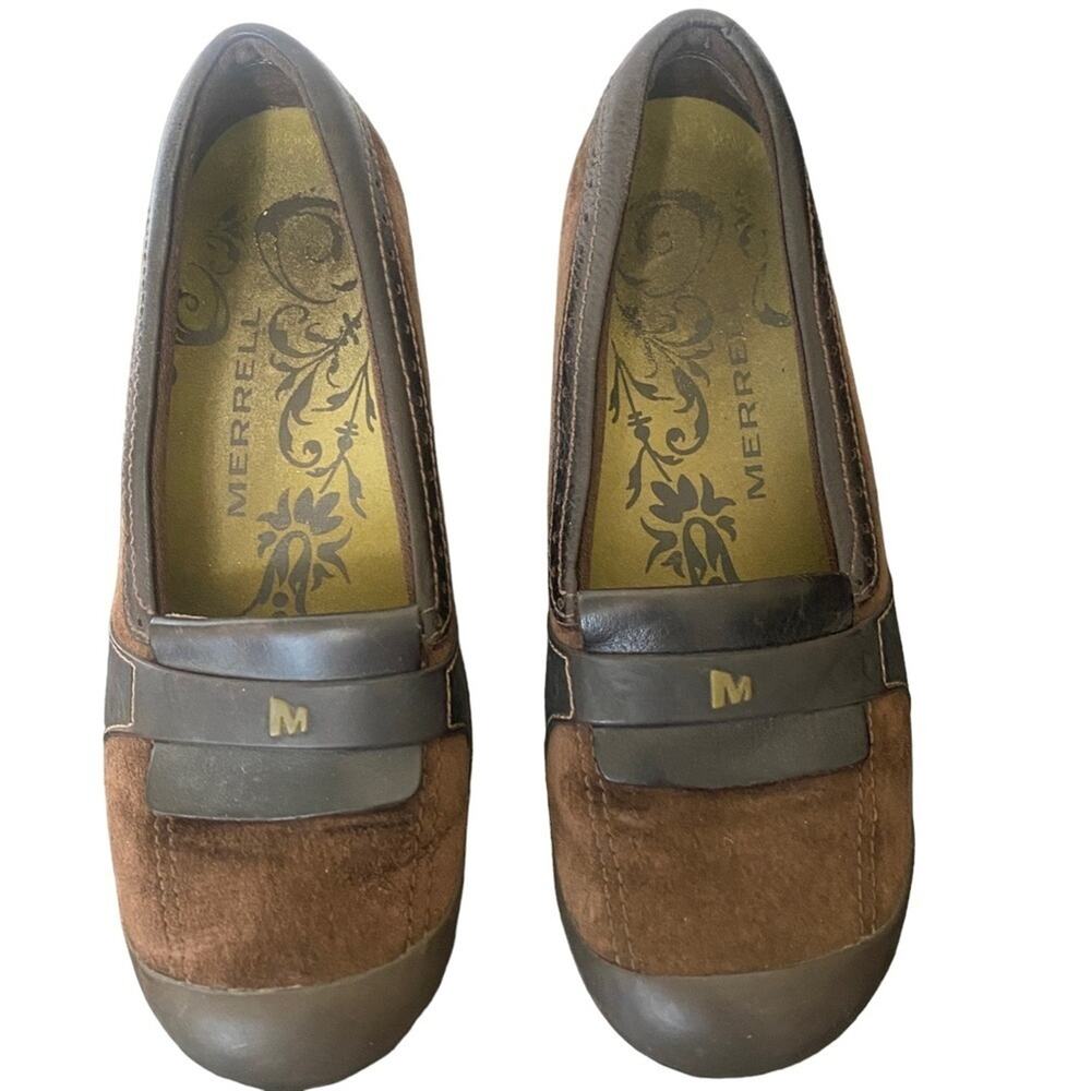 Merrell‎ Plaza Mod Dark Coffee Performance Suede Slip On Wedge Shoes Sz 6